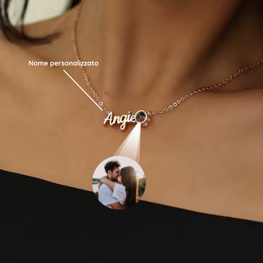 Collana con nome personalizzato e con proiezione fotografica in acciaio inossidabile